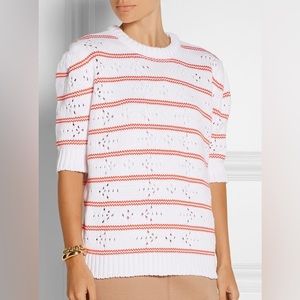 Miu Miu Pointelle-Paneled Striped Sweater in White and Orange